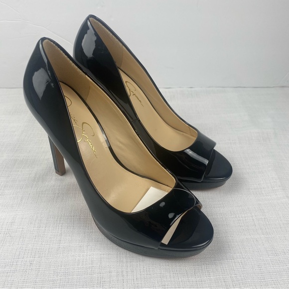 Jessica Simpson Black Patent Peep Toe Heels - Picture 1 of 6